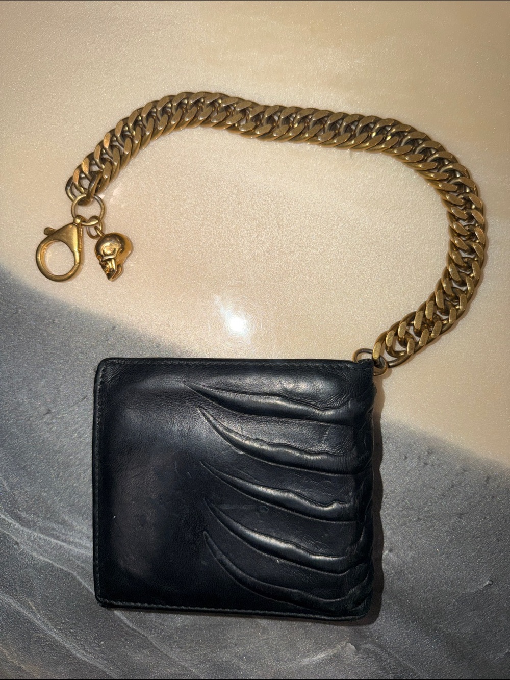Rare Alexander McQueen Black Leather Wallet with Gold Chain